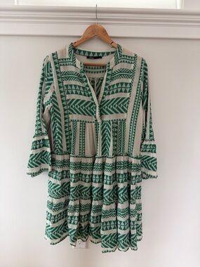 Green & Cream Patterned Tiered Mini Dress
